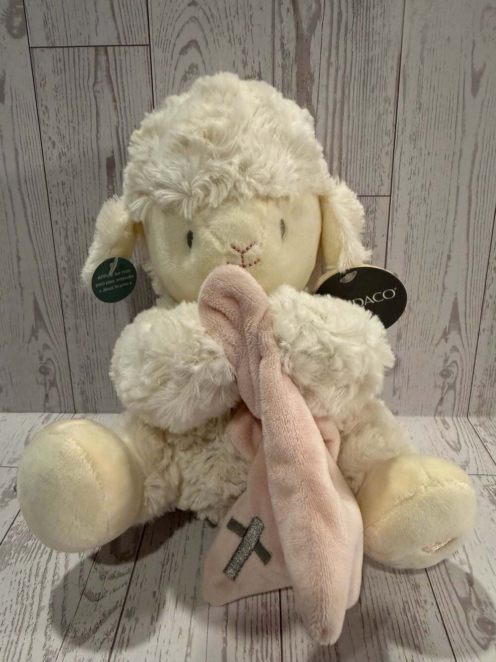 Demdaco Jesus Loves Me Musical Lamb Plush with Pink Blanket